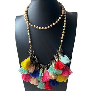 Colorful stone boho beaded statement tassel necklace 38" BPD Betsy Pittard